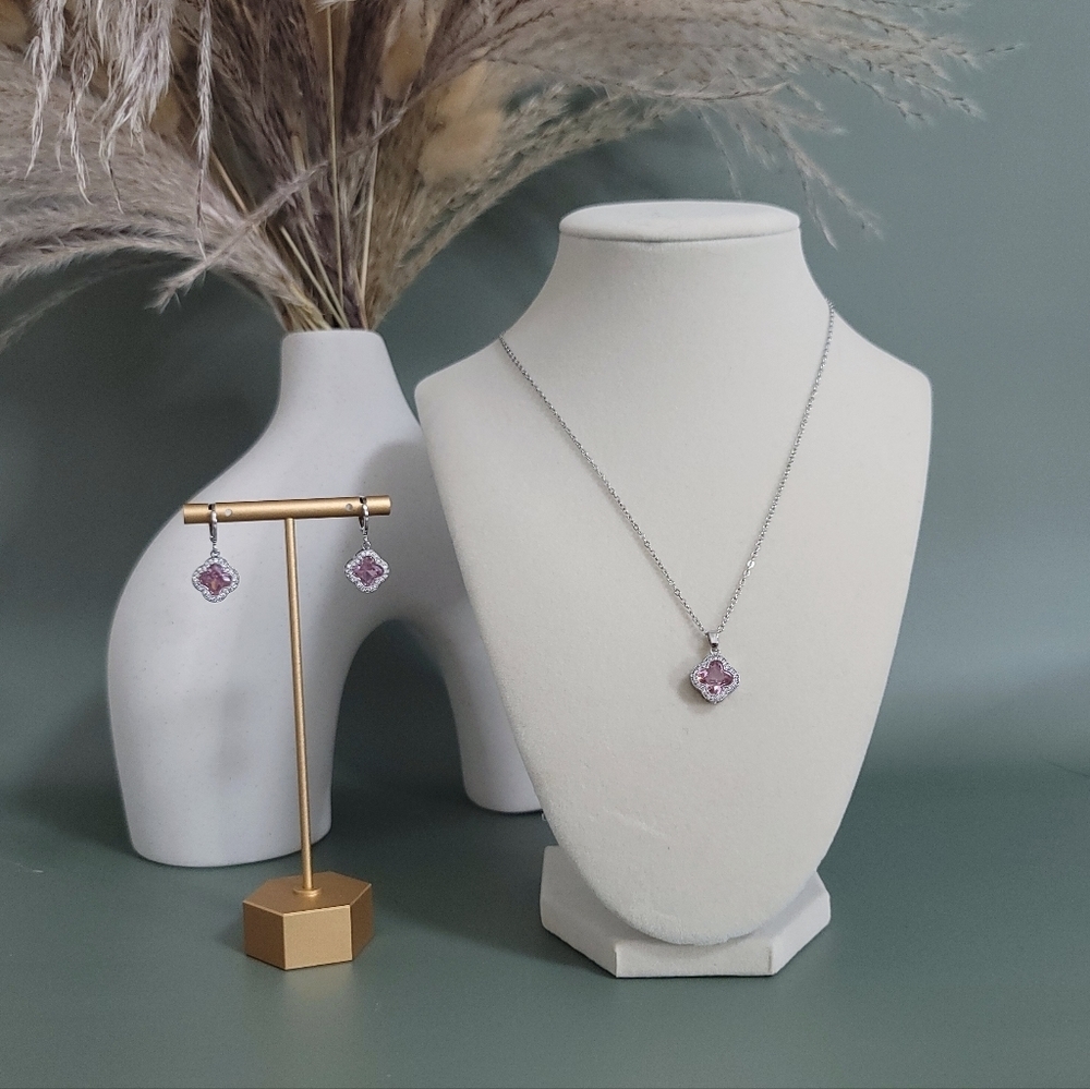 Stainless steel silver tone four leaf clover necklace and earrings set